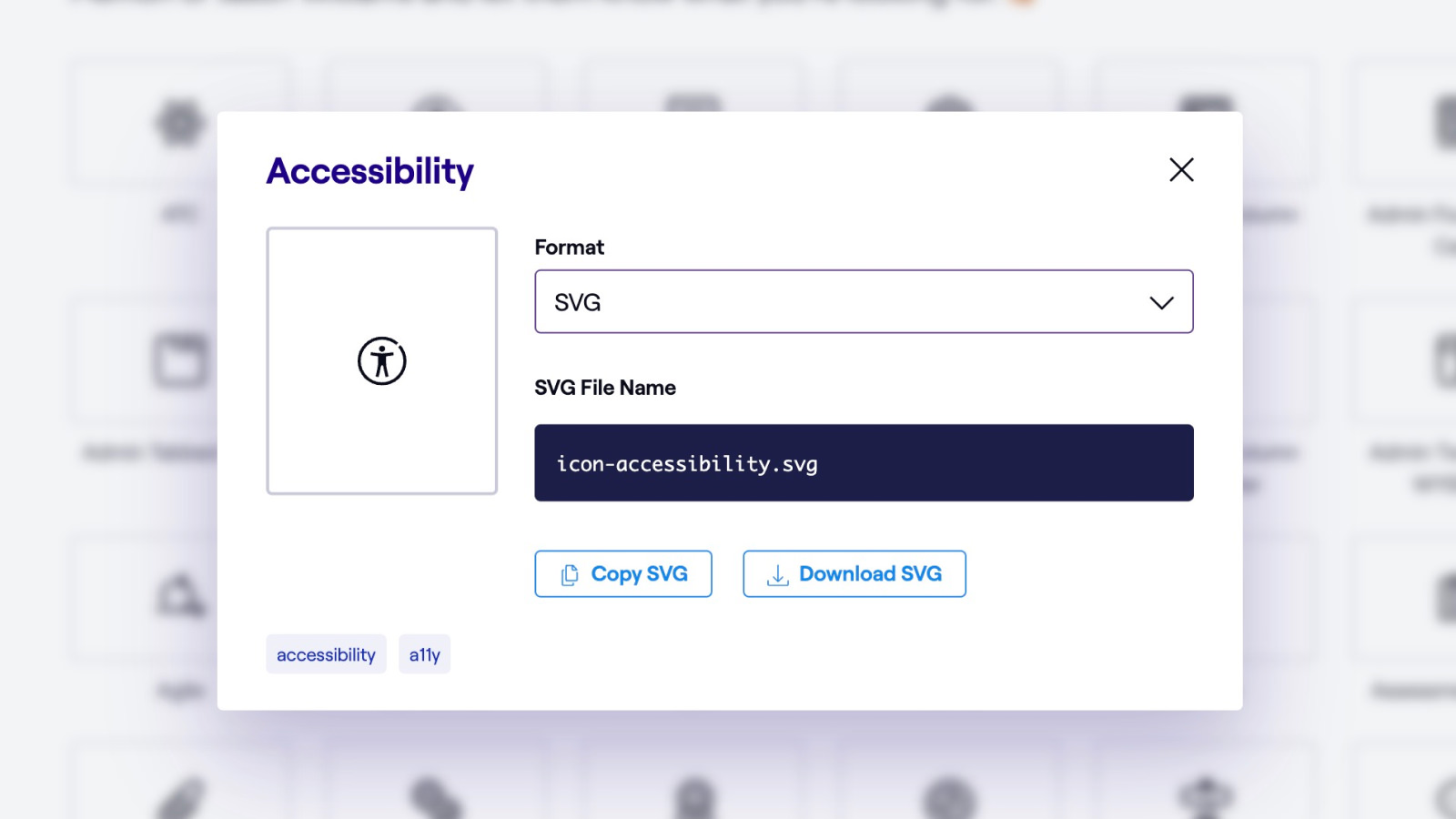 Screen shot of the Blue Steel icon library with the Accessibility icon selected and the format set to SVG.